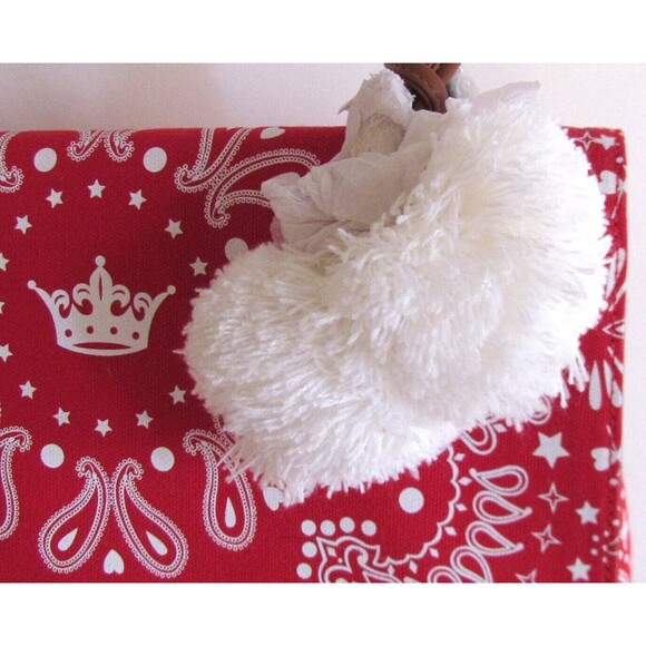 DESIGNER MIA BAG RED & WHITE BANDANA PRINT WHITE POM-POM CHARM CHAIN BAG - Picture 9 of 16